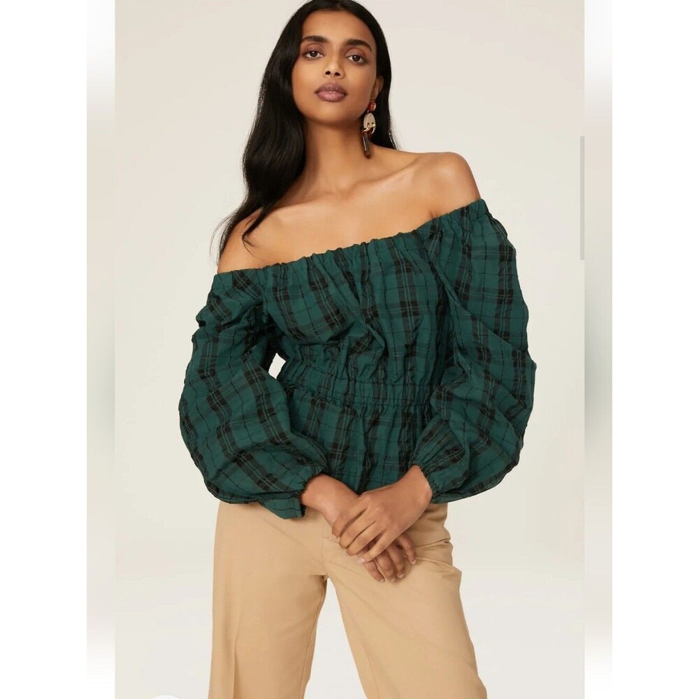 Tanya Taylor Georgetta Green Plaid Peasant Babydoll Top Size 1X